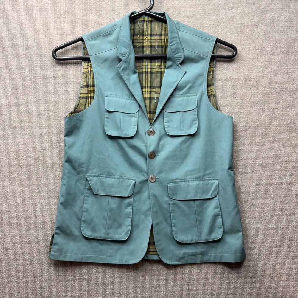Vintage Utility Safari Vest Teal Blue Plaid Lined Four Pocket Size 50 L